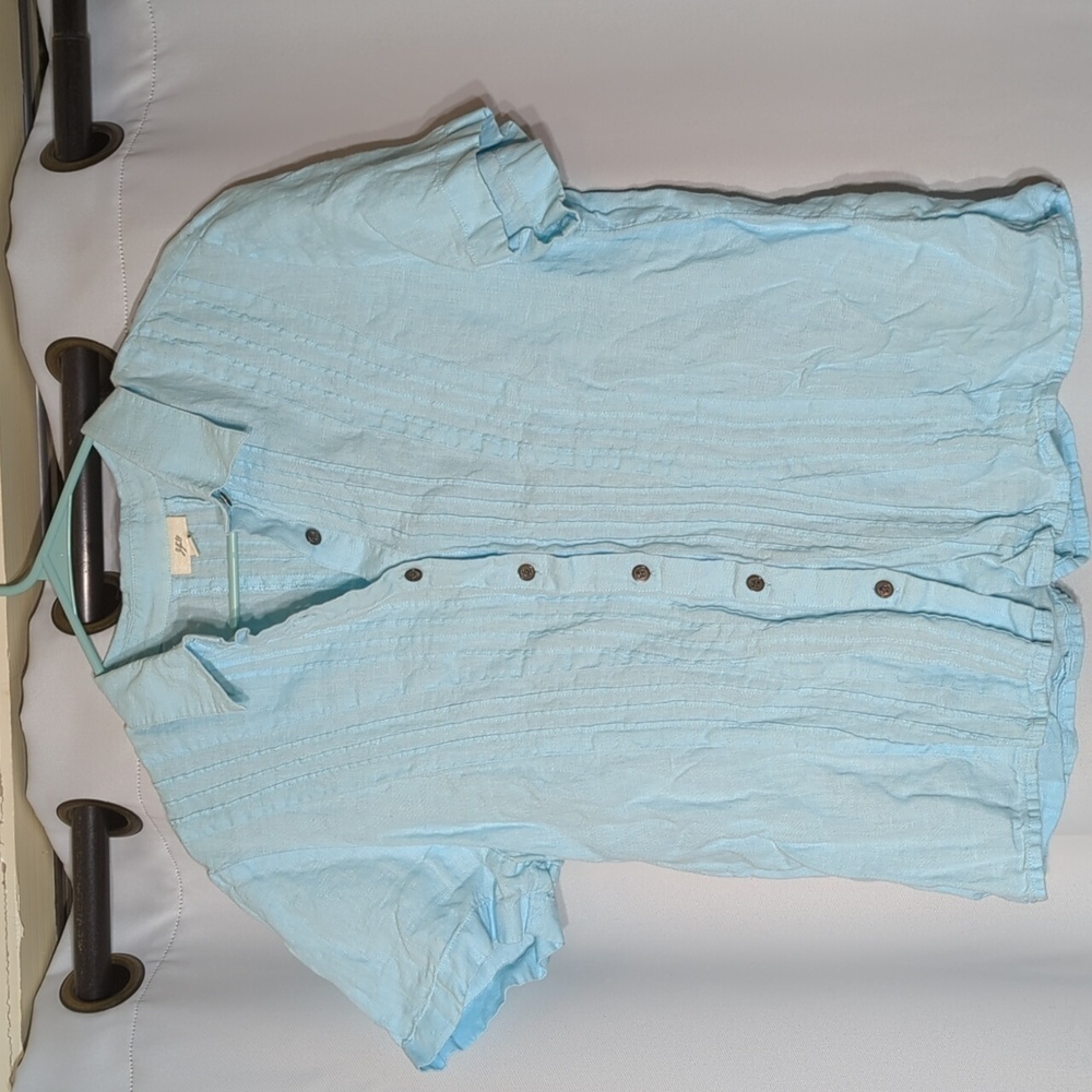 J. Jill 100% Linen button down short sleeved pin tucked collared size large blue
